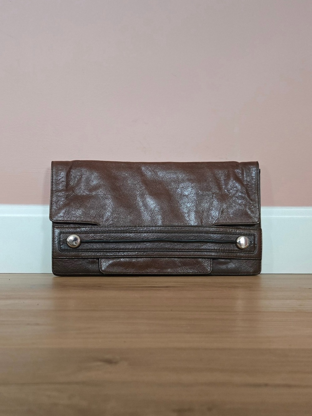 banana republic | leather magnetic closure clutch | brown | silver hardware